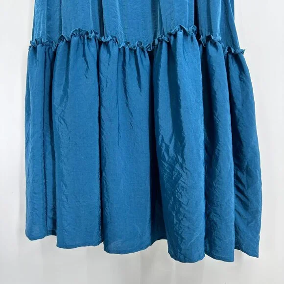 3/$25 LOFT Beach Maxi Dress S Off Shoulder Tiered Silky Flowy Ruffle Teal Long - Picture 7 of 8